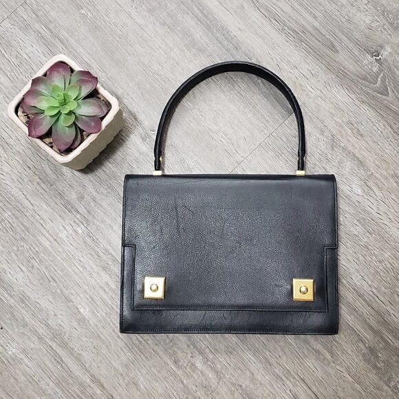 Vintage Genuine Leather Top Handle Handbag Black Gold - Picture 1 of 10